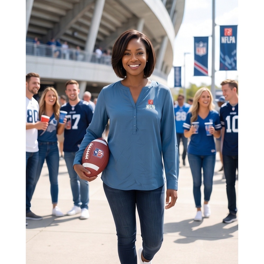 Port Authority L NFLPA Fanatics Blue Henley Long Sleeve Blouse Large NWT